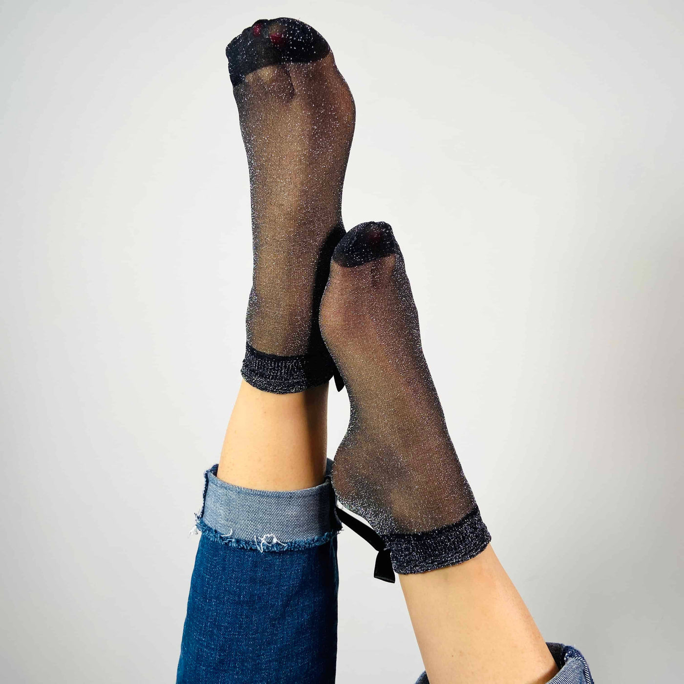 Fine ankelstrømper - glimmerstrømper med satin sløjfe